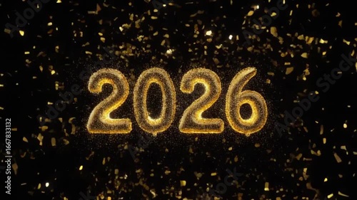 Golden 2026 balloons with confetti on a black background celebrate new year