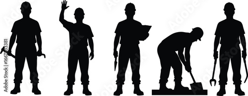Construction worker silhouette vector set with tools and poses, including hammer, shovel, pickaxe, clipboard, for labor, industry, and design use