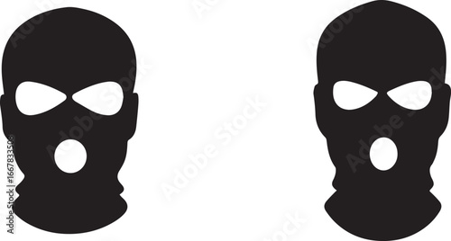Minimalist black and white balaclava head silhouettes – masked anonymity icons for security, stealth, or urban design themes.