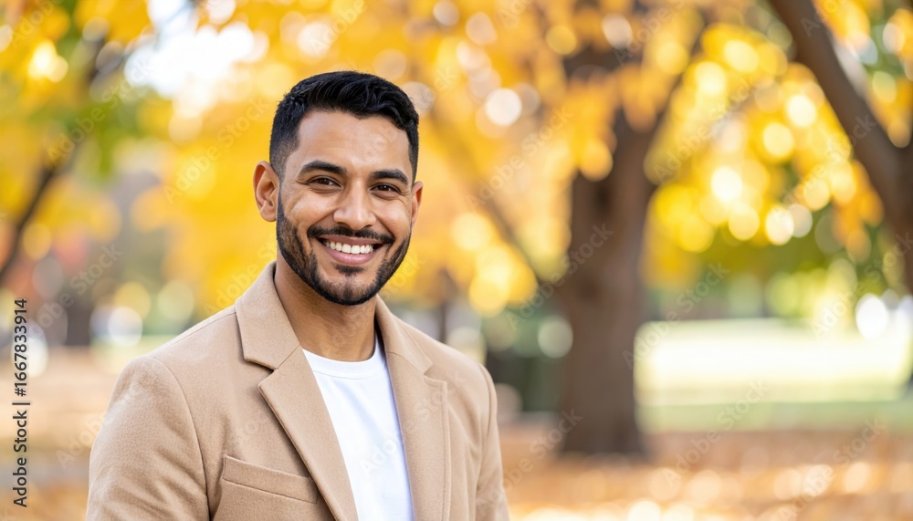 Naklejka premium Portrait of a smiling man against a backdrop of colorful autumn leaves