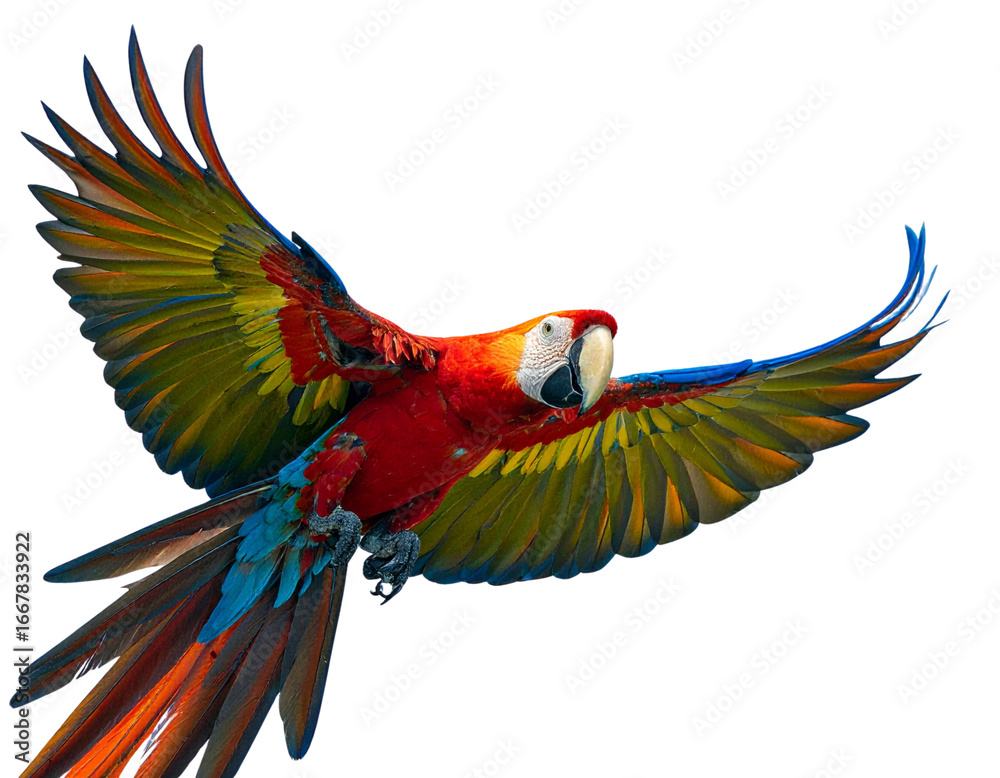 Obraz premium Majestic Parrot Flying with Wide Wings Spread, isolated on transparent background PNG