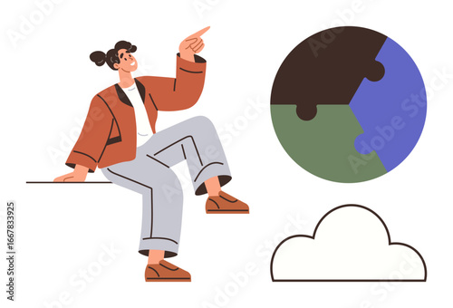Woman sitting and pointing up, globe with puzzle design, minimal cloud outline. Ideal for teamwork, sustainability, communication, creativity, brainstorming, global issues simple flat metaphor