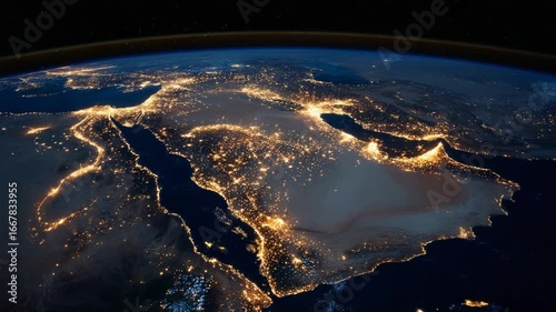 Aerial view of Earth showcasing illuminated cities in Middle East at night, against cosmic background