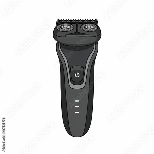 A sleek modern electric shaver, presented as a 2D flat vector illustration with clean lines and solid colors, isolated on a pristine white background in a crisp graphic design style.