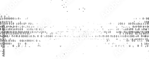 A digital abstract background featuring lines of binary code with scattered dots and smudges.