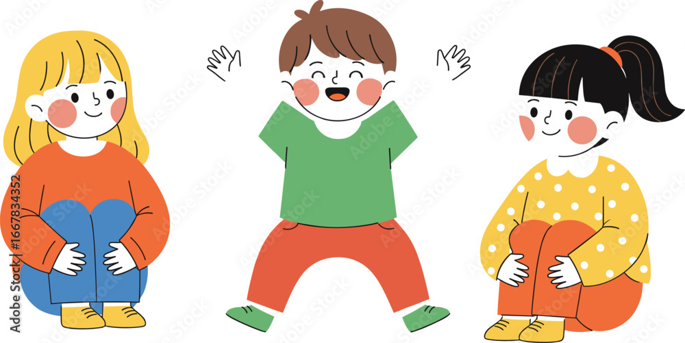 Obraz premium Happy Cartoon Children Sitting and Standing Together in Playful Pose, Colorful Kids Vector Illustration for Education, Friendship and Childhood Themes