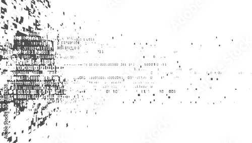 Abstract digital pattern of binary code data flowing and dispersing across a white background.
