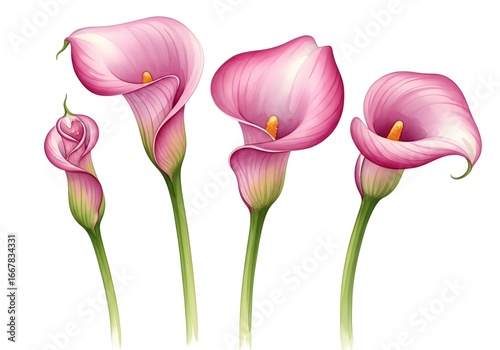 Four delicate pink calla lilies in varying stages of bloom on a white background