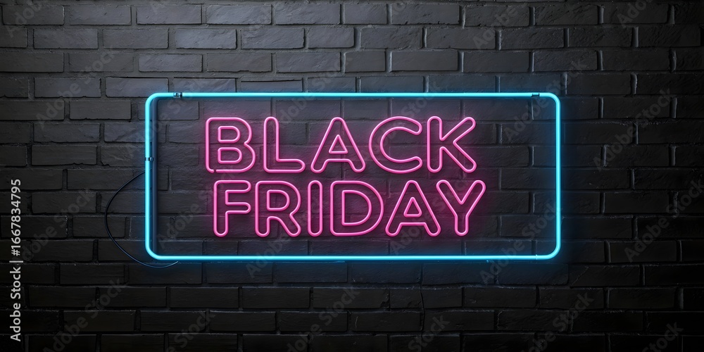 Fototapeta premium Black Friday Neon Sign Against a Dark Brick Wall Advertising the Biggest Shopping Day of the Year