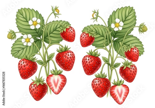 Vibrant illustration of ripe strawberries with green leaves and delicate white flowers on white background