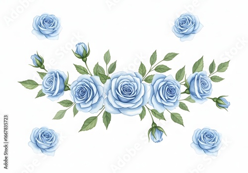 Fototapeta Naklejka Na Ścianę i Meble -  Delicate arrangement of soft blue roses and green leaves on a white background