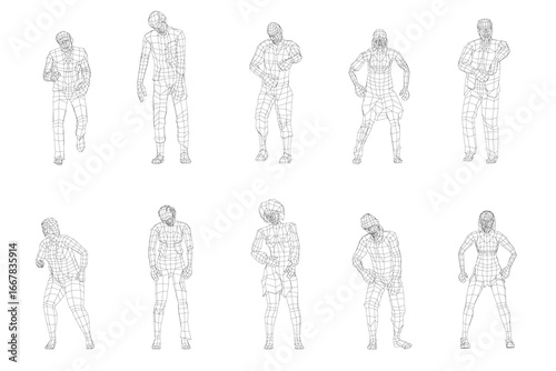A 3D wireframe zombie set of animated figures standing in a dynamic line against a clean white background, wearing a suit with a hood and tie.