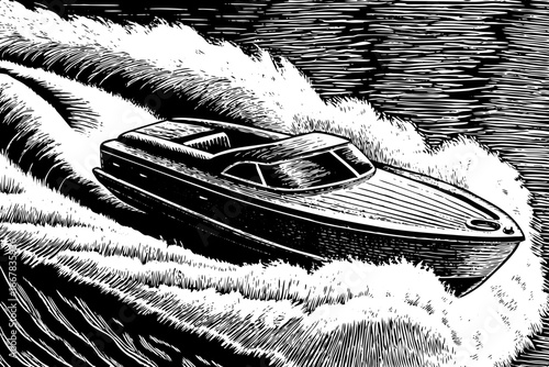 Modern speedboat cutting across waves with powerful motion, sporty black and white sketch.