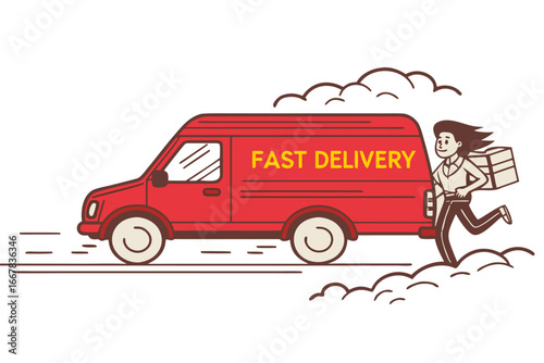 Fast delivery. The driver in the van rushes to deliver the goods to customers and quickly rides leaving a cloud of dust behind. Quick delivery. The driver in the van hurriedly delivers the goods to cu
