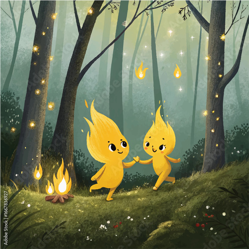 Whimsical Fire Spirits Playing in an Enchanted Forest