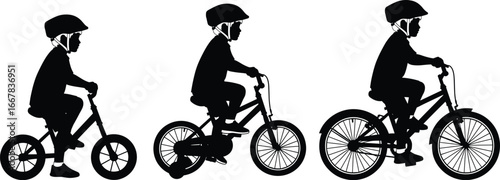 Silhouette of Child Bicycle Progression Set with Helmet, Training to Pedal Bike, Vector Illustration Isolated on White Background for Design