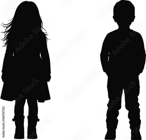 Silhouette of Girl and Boy Standing Side by Side, Vector Children Isolated on White Background for Educational and Design Use