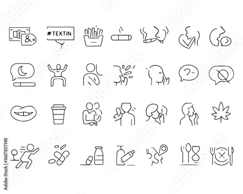 Set of outline icons related to bad habits. Linear icon collection