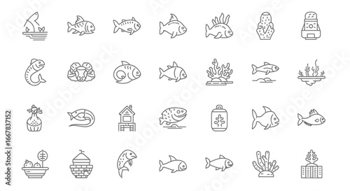 Collection of handdrawn line art icons representing various fish species, aquatic life, and fishingrelated elements, isolated on a, perfect for graphic design and illustration projects