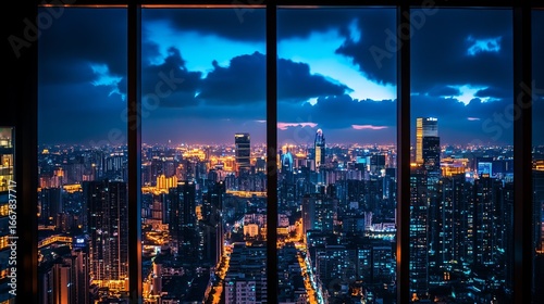 City skyline at night seen through windows