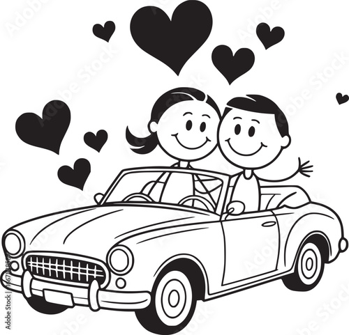 Love on the Open Road: A hand-drawn illustration of a loving couple cruising in a classic convertible, hearts floating above, capturing romance and adventure.