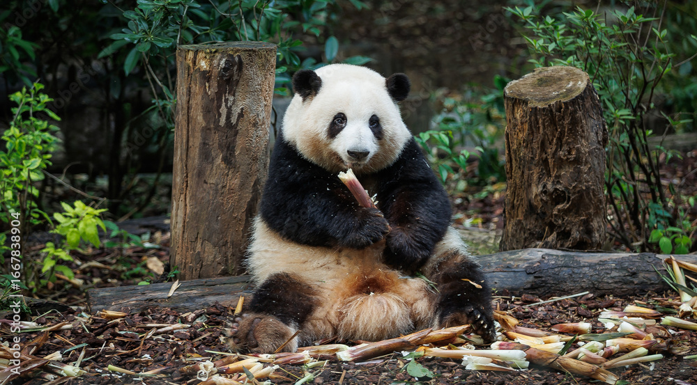Obraz premium Giant panda He hua (hua hua)eat bamboo shoots in the zoo, china