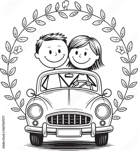 Love's Journey: A charming couple embarks on their adventure in a classic car, framed by a delicate wreath, symbolizing a fresh start and the beginning of their story.