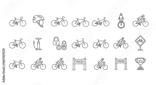 Collection of bicycle and cyclingrelated icons and illustrations, including various bicycle types, cyclists, helmets, locks, pumps, finish line, and trophy