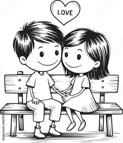 Affectionate Moment: A loving cartoon couple, nestled closely together on a bench, their hearts intertwined, with a shared symbol of love.