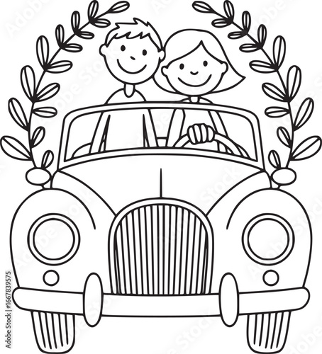 Honeymoon Car: A charming cartoon illustration of a newlywed couple driving away in a classic car, framed by a celebratory wreath of leaves. Capturing a sense of journey and fresh start.