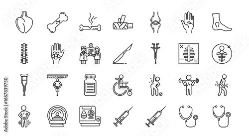 Collection of medical and healthcare icons, , representing various aspects of anatomy, treatment, and patient care, including bones, joints, organs, medical equipment, and diagnostic tools