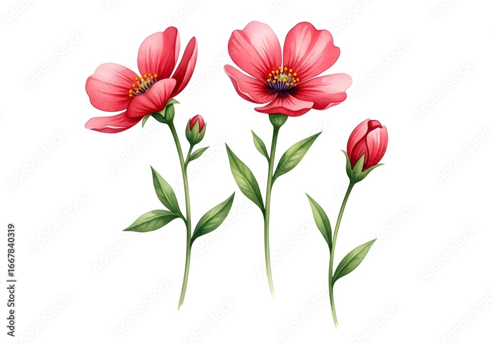 Fototapeta premium Delicate watercolor painting of vibrant pink poppy flowers and buds on a white background