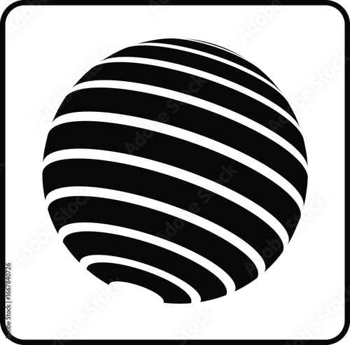 A modern, minimalist black and white vector icon of a striped global sphere, perfect for business, technology, or finance apps and websites.