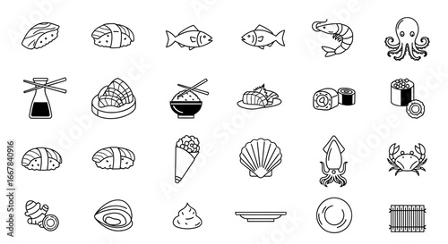 Collection of japanese sushi and seafood icons, including nigiri, maki rolls, sashimi, fish, shrimp, octopus, squid, crab, oyster, ginger, wasabi, soy sauce, rice, and plates
