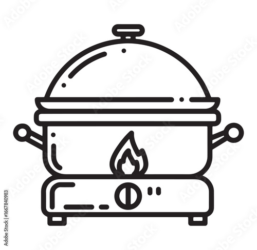 Minimalist black and white vector illustration of a hot pot cooking device
