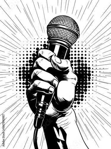 Hand holding microphone, graphic design (1)