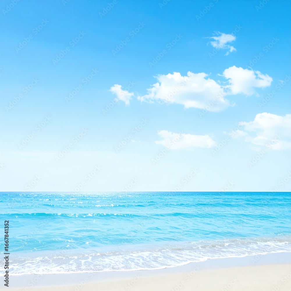 Obraz premium A tranquil scene of a sandy beach, a shimmering ocean, and a bright blue sky with fluffy clouds, creating a sense of peace and serenity. The image evokes feelings of warmth, relaxation.