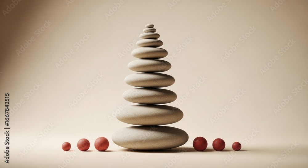 Obraz premium Balanced Beige Stones and Red Spheres: Minimalist Zen Still Life