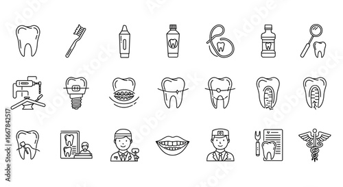 Collection of dental care icons and illustrations, including teeth, toothbrush, toothpaste, mouthwash, dental implant, braces, dentist, and medical symbols