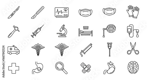 Collection of medical icons, featuring surgical instruments, diagnostic tools, emergency services, and anatomical representations for healthcare and medical concepts