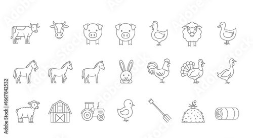 Set of farm animals, tractor, barn, chicken coop, haystack, pitchfork, and rabbit illustrated in a clean, simple line art style on a white background
