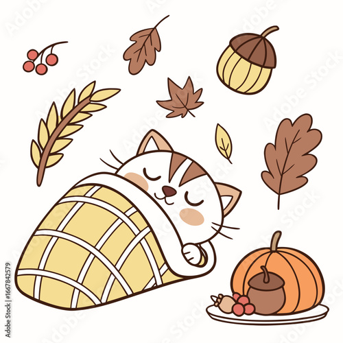 Charming SVG of a Sleepy Cat featuring wrapped in a blanket, styled in a Thanksgiving theme with Harvest Blessings hues
