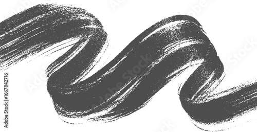 A thick, textured, dark grey brush stroke curves across a white background.