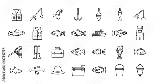 Fishing Icons A Comprehensive Set of Line Art Illustrations for Angling and Outdoors Activities