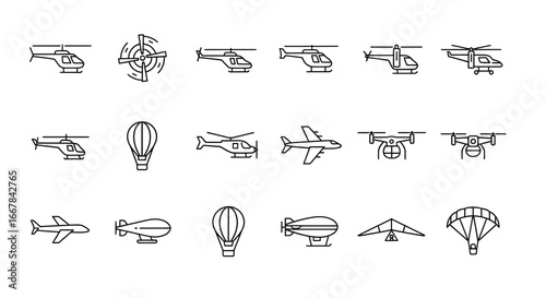 Collection of aircraft and aviation icons, including helicopters, airplanes, drones, blimps, and parachutes