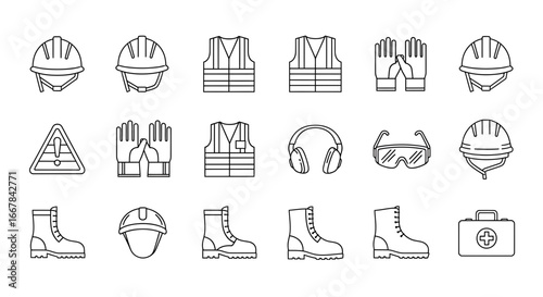 Collection of safety equipment icons, including hard hats, safety vests, gloves, boots, ear protection, goggles, first aid kit, and warning sign, all isolated on a