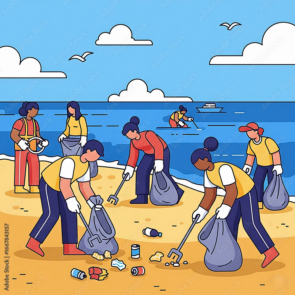 Obraz premium Vector illustration of volunteers cleaning up plastic waste on the beach. People collect trash with bags and tools, promoting environmental awareness, recycling, and ocean conservation.