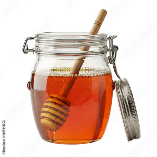 Golden honey in a jar with wooden dipper close up studio shot showing sweetness and natural product transparent background