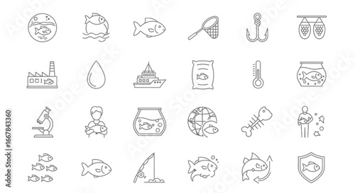 Collection of line art icons representing various aspects of the fishing industry, aquaculture, and marine life, isolated on a