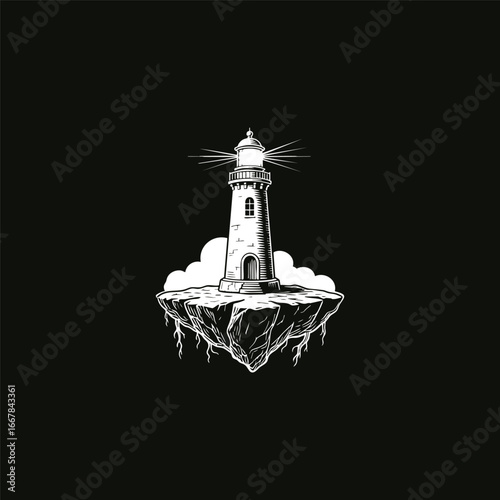 engraving logo illustration of a lighthouse standing tall on floating land. The design combines surreal fantasy with classic engraving style, using intricate linework and vintage detailing